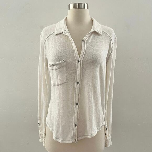 Free People We the Free Caroline Contrast Stitch Slub Shirt Linen Large White - Picture 4 of 11